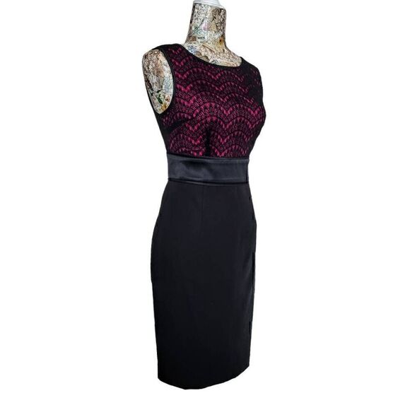 London Times Dark Pink & Black Abstract Lace Top Color Block Short Dress NEW - Picture 2 of 11